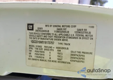 2001 Chevrolet S-10 Ls из США, поврежденный, VIN 1GCCS19WX18173757